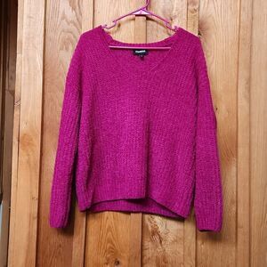Express V-Neck Fuzzy Stretch Cozy Oversized Knit Sweater, Small, Fuchsia Pink